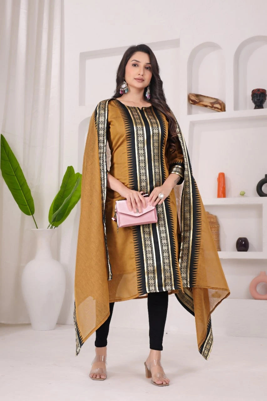 Woman wearing a mustard yellow and black traditional outfit with a white background
