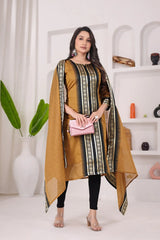 Woman wearing a mustard yellow and black traditional outfit with a white background