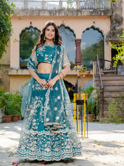 teal green sequins thread embroidered soft net lehenga