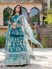 teal green sequins thread embroidered soft net lehenga