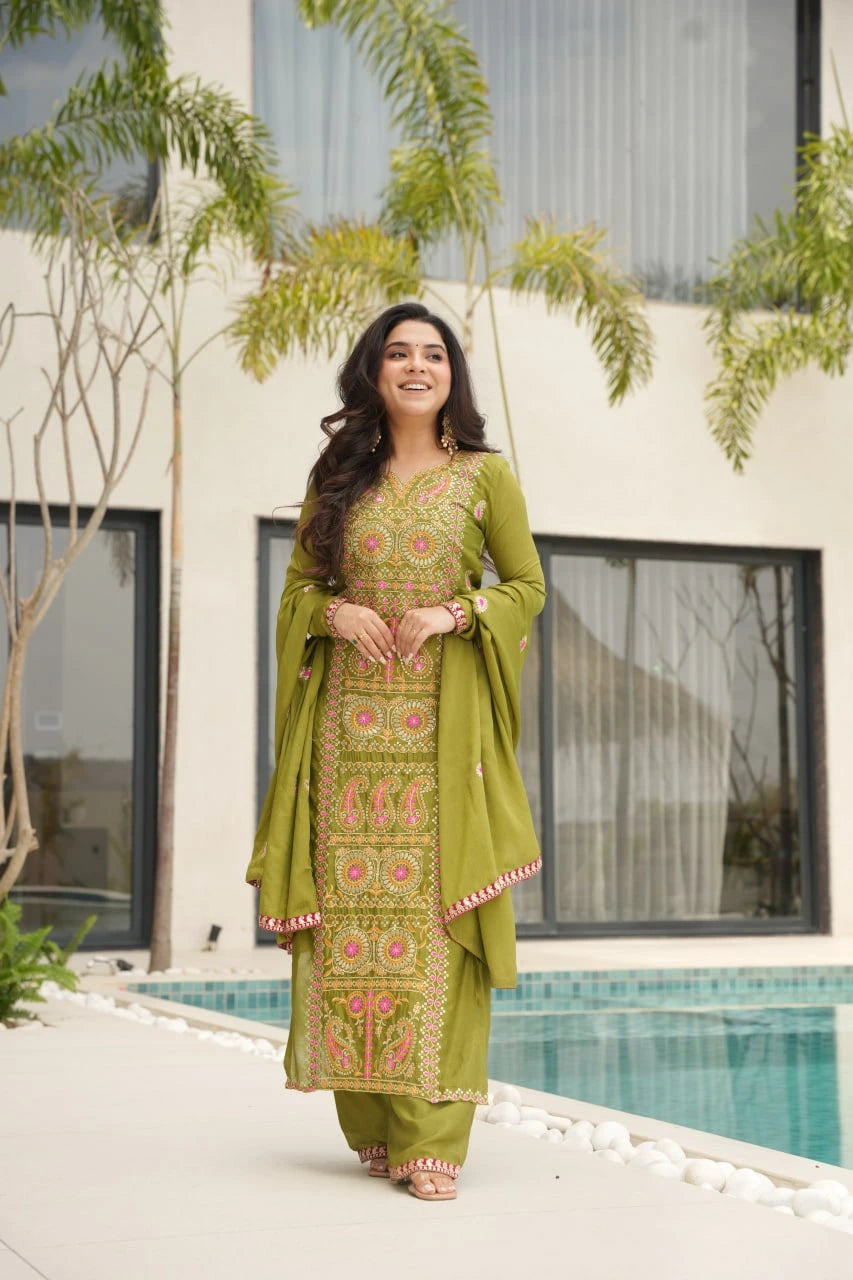 pista green zari thread embroidered chinon suit