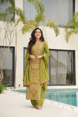 pista green zari thread embroidered chinon suit