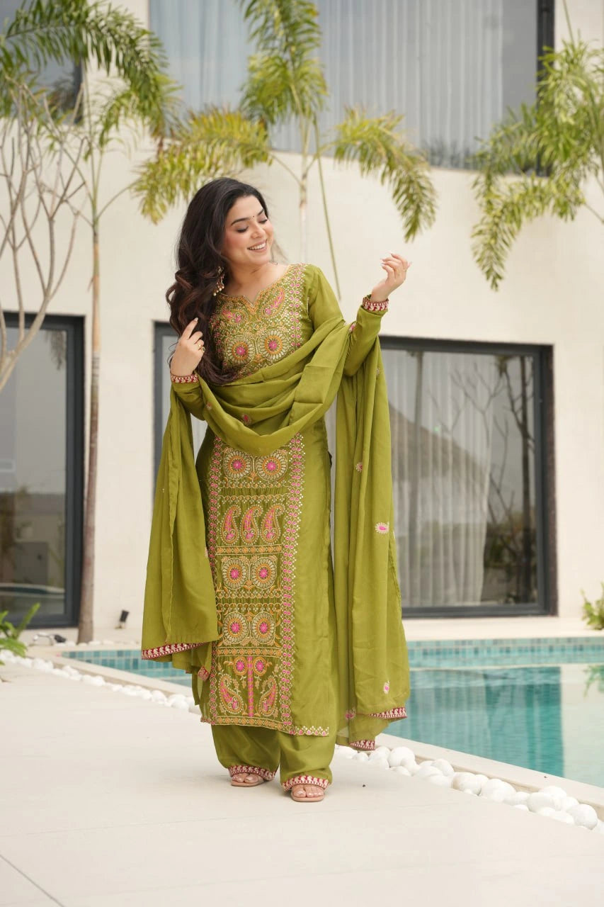 pista green zari thread embroidered chinon suit