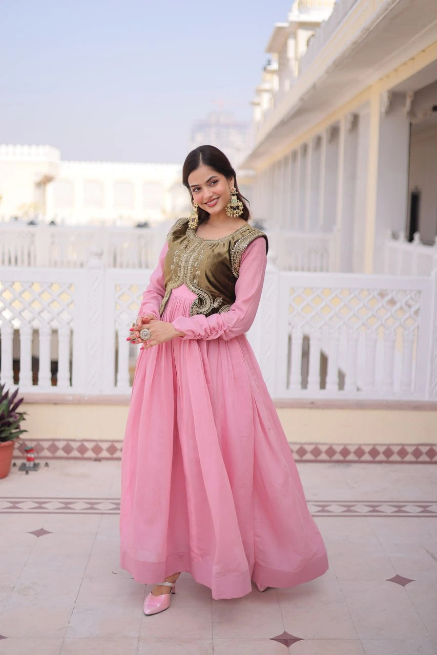 pink sequins embroidered mal chanderi gown set