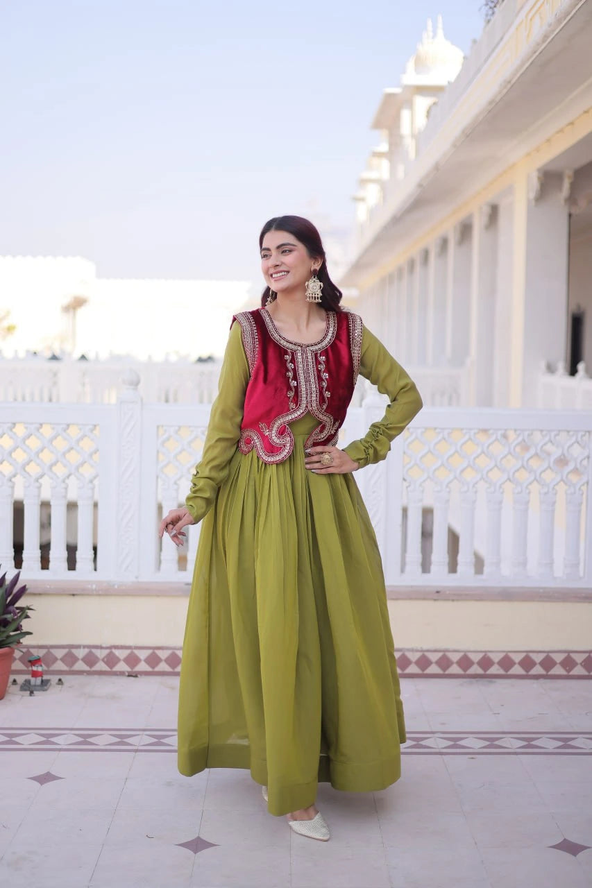 Woman in a green and red traditional outfit standing on a balcony.