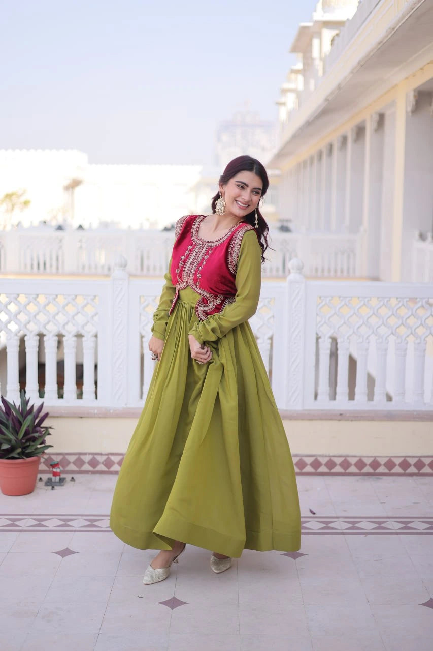 Woman in a green and red traditional outfit standing on a balcony.