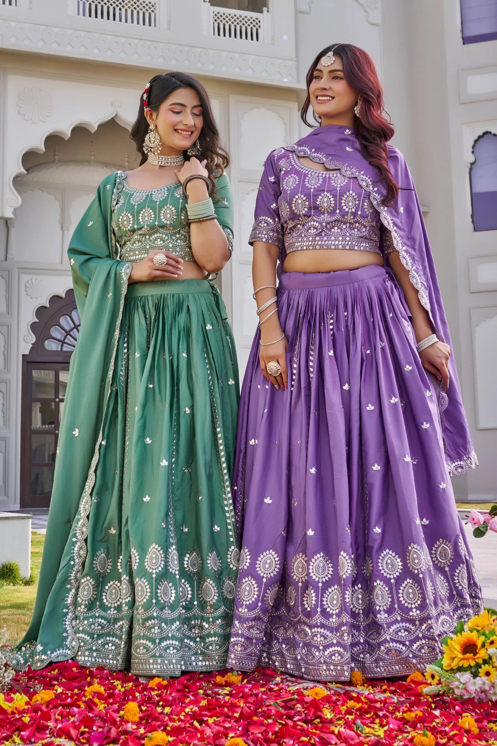 teal green heavy sequins embroidered crepe silk lehenga