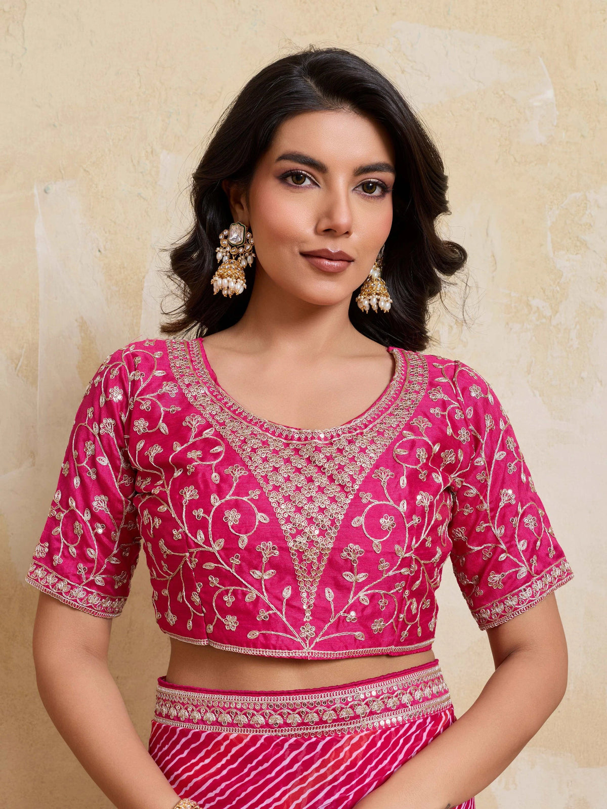 pink bandhej print georgette saree