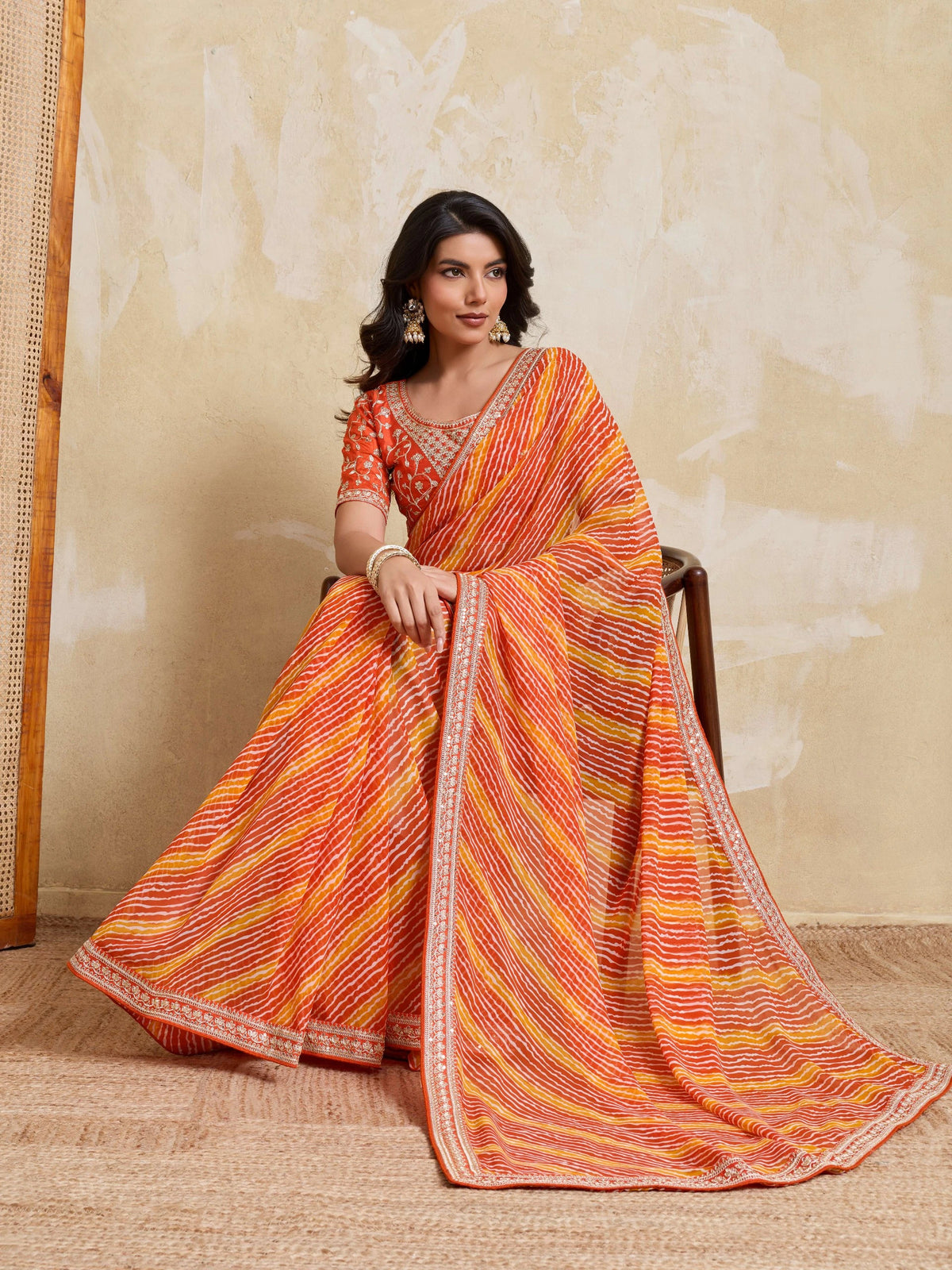 Orange Bandhej Print Georgette Saree