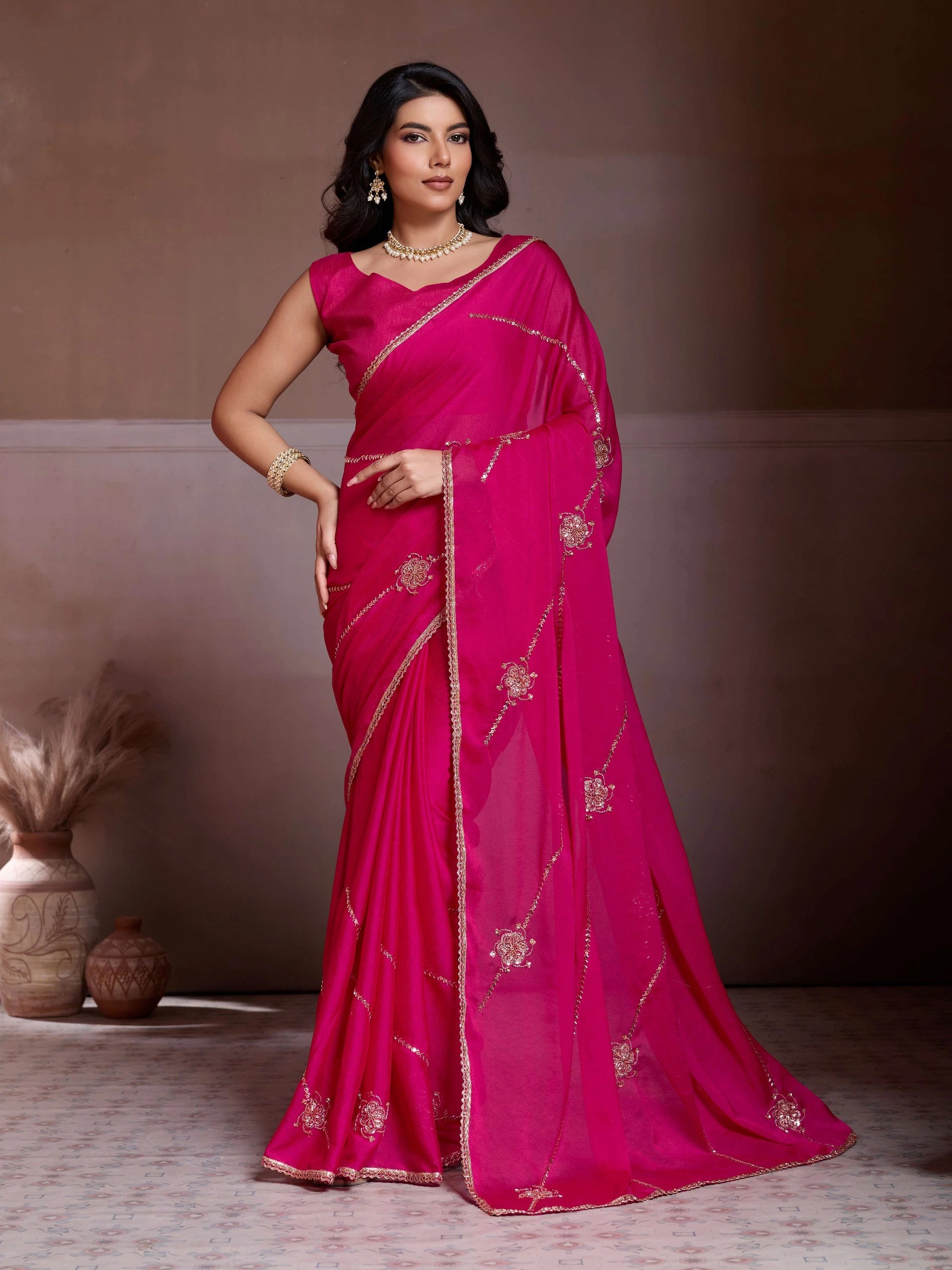 Dark Pink Embroidered Crush Silk Saree