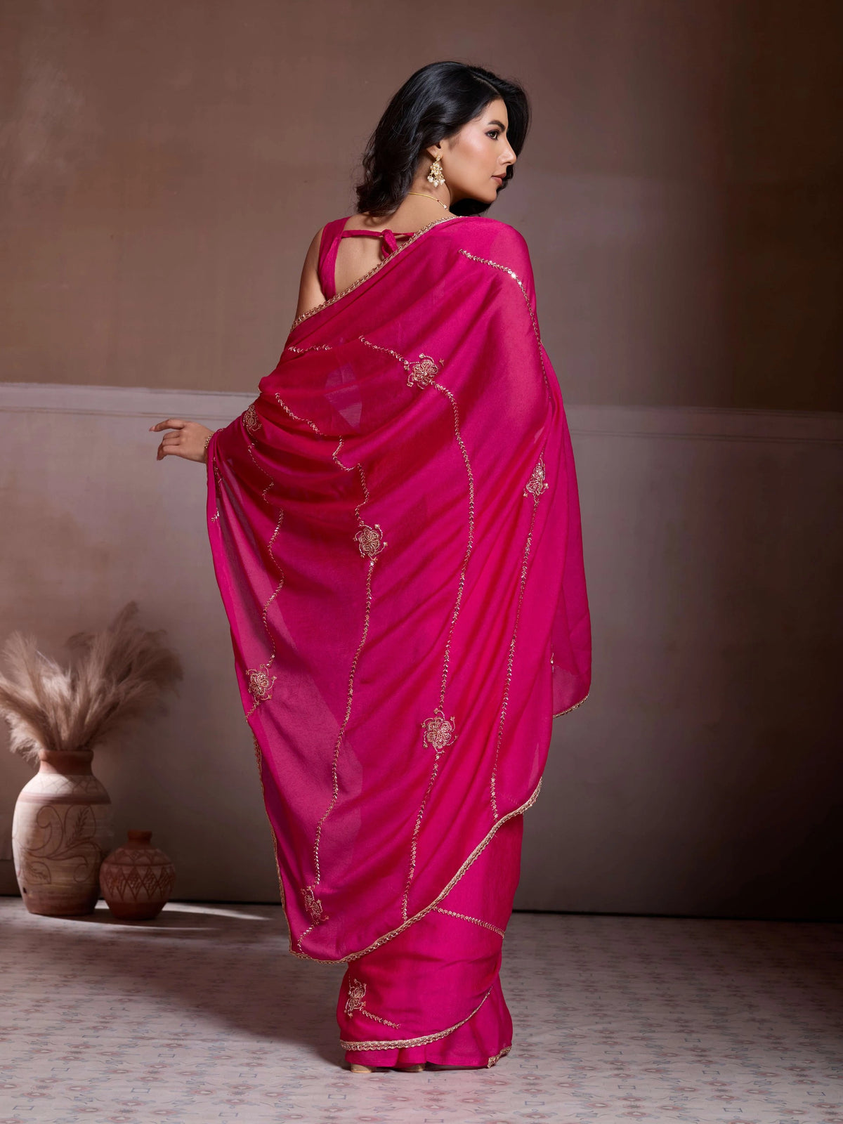 Dark Pink Embroidery Work Chiffon Silk Saree