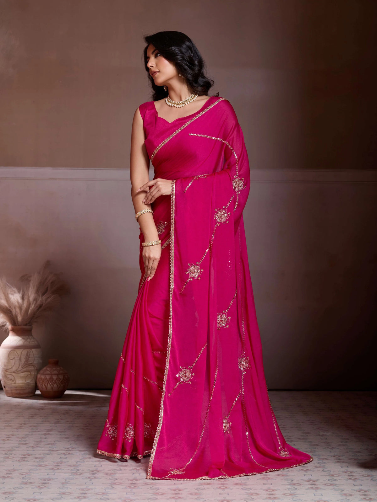 Dark Pink Embroidered Crush Silk Saree