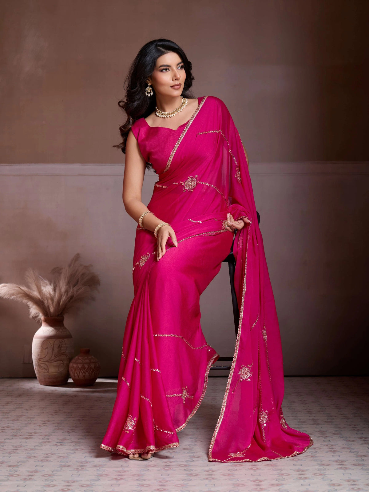 dark pink embroidered crush silk saree