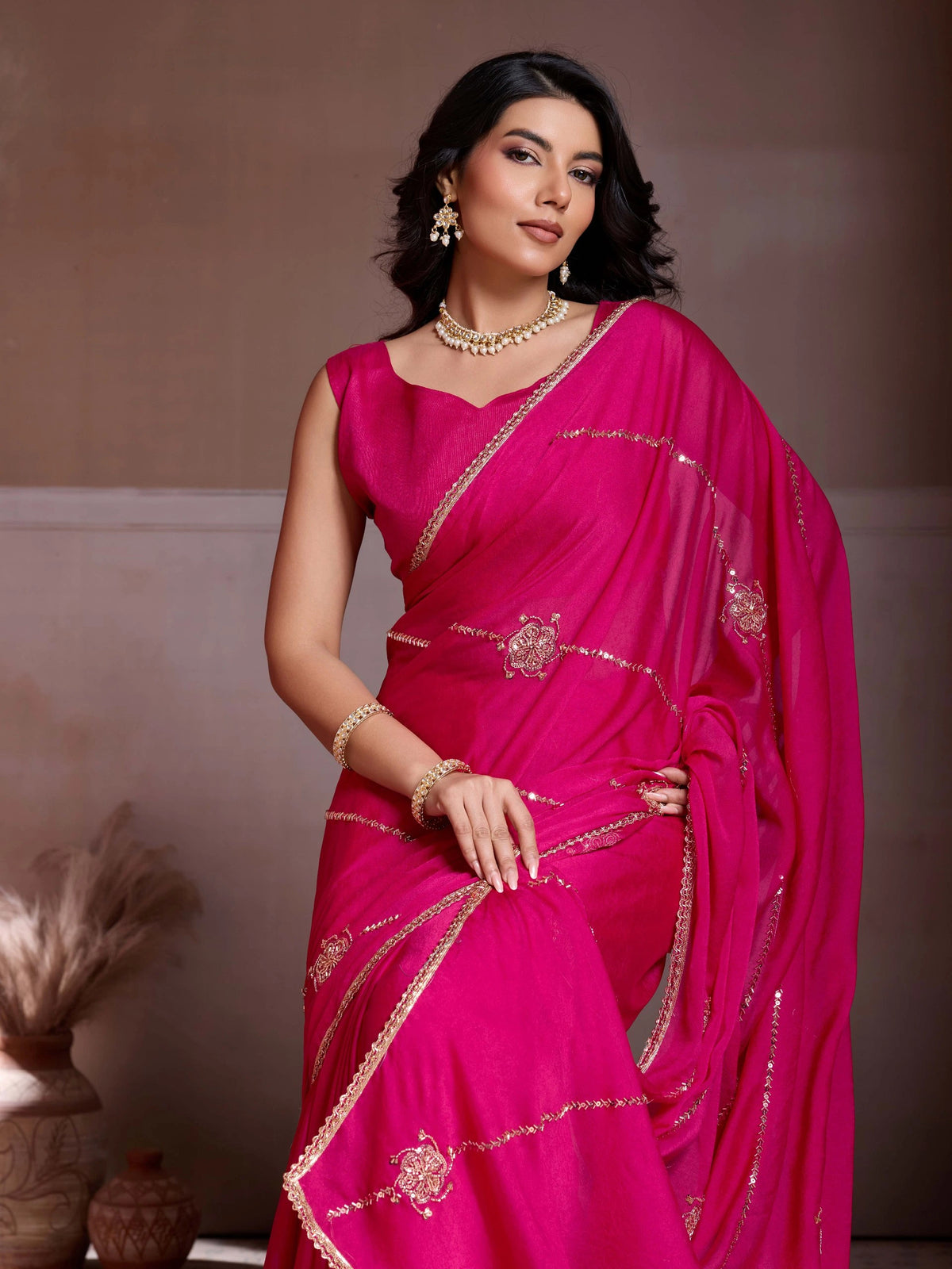 Dark Pink Embroidered Crush Silk Saree
