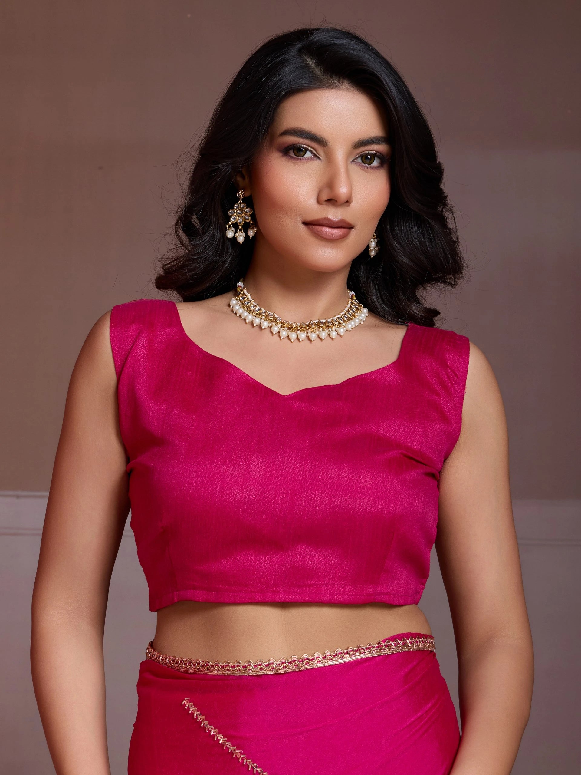 dark pink embroidered crush silk saree