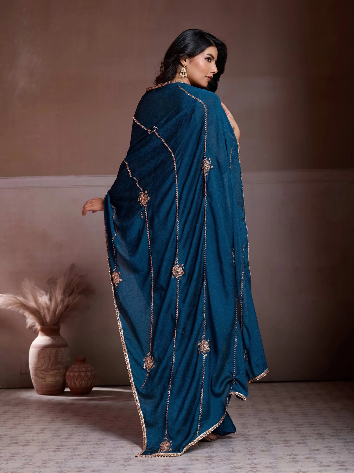 navy blue embroidered crush silk saree