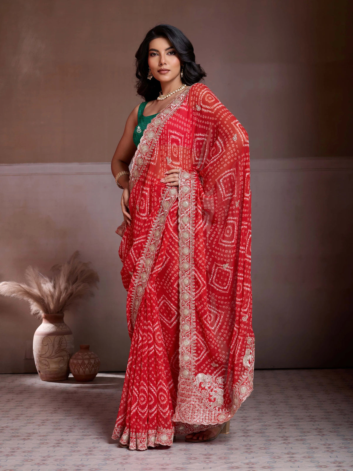 red bandhej print georgette saree
