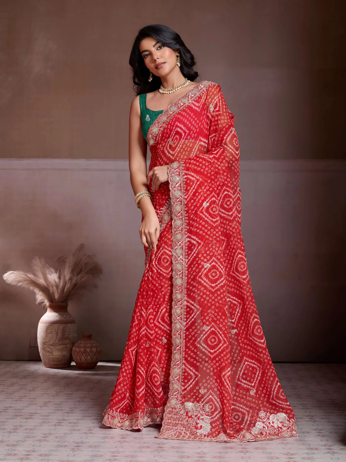 red bandhej print georgette saree