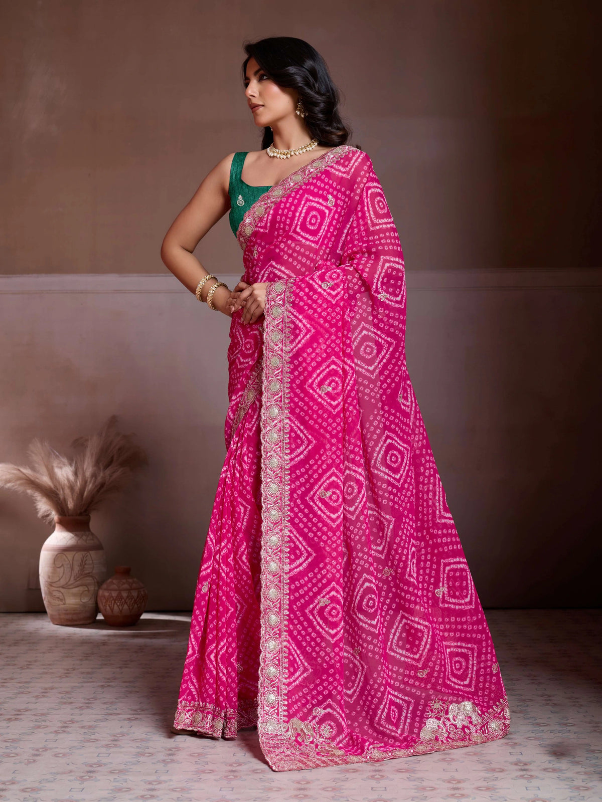 dark pink bandhej print georgette saree