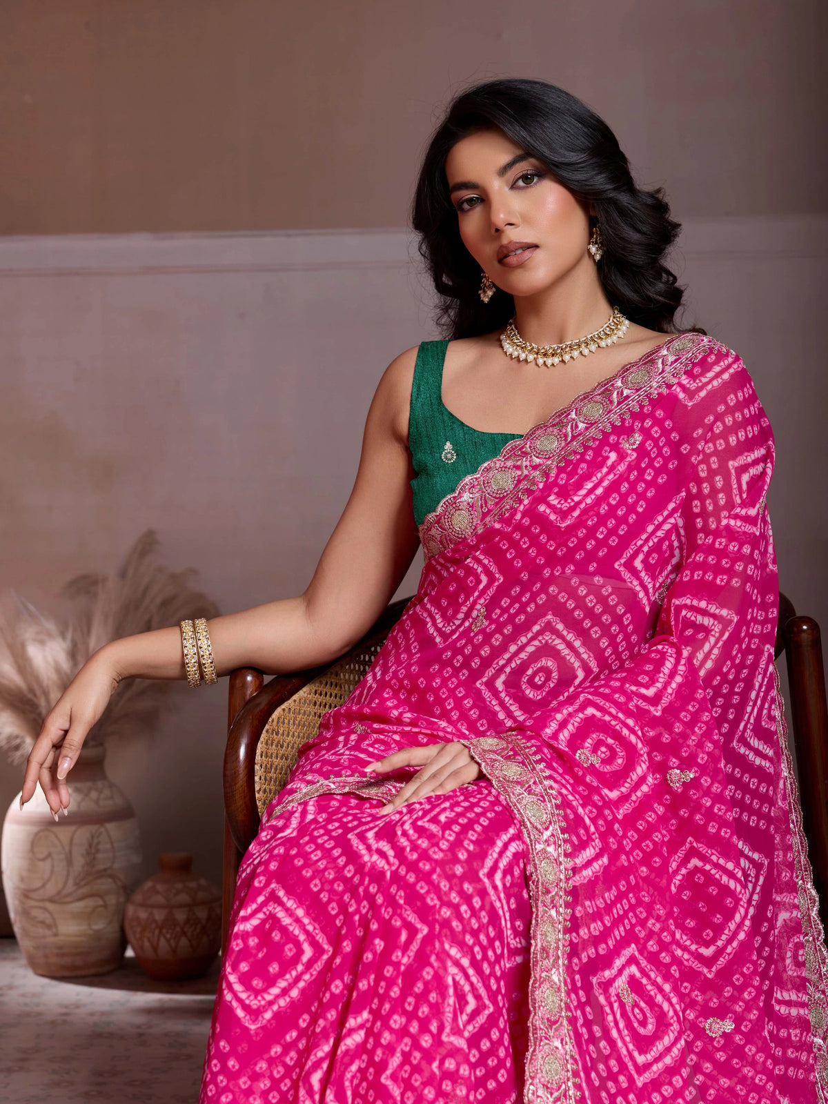 dark pink bandhej print georgette saree