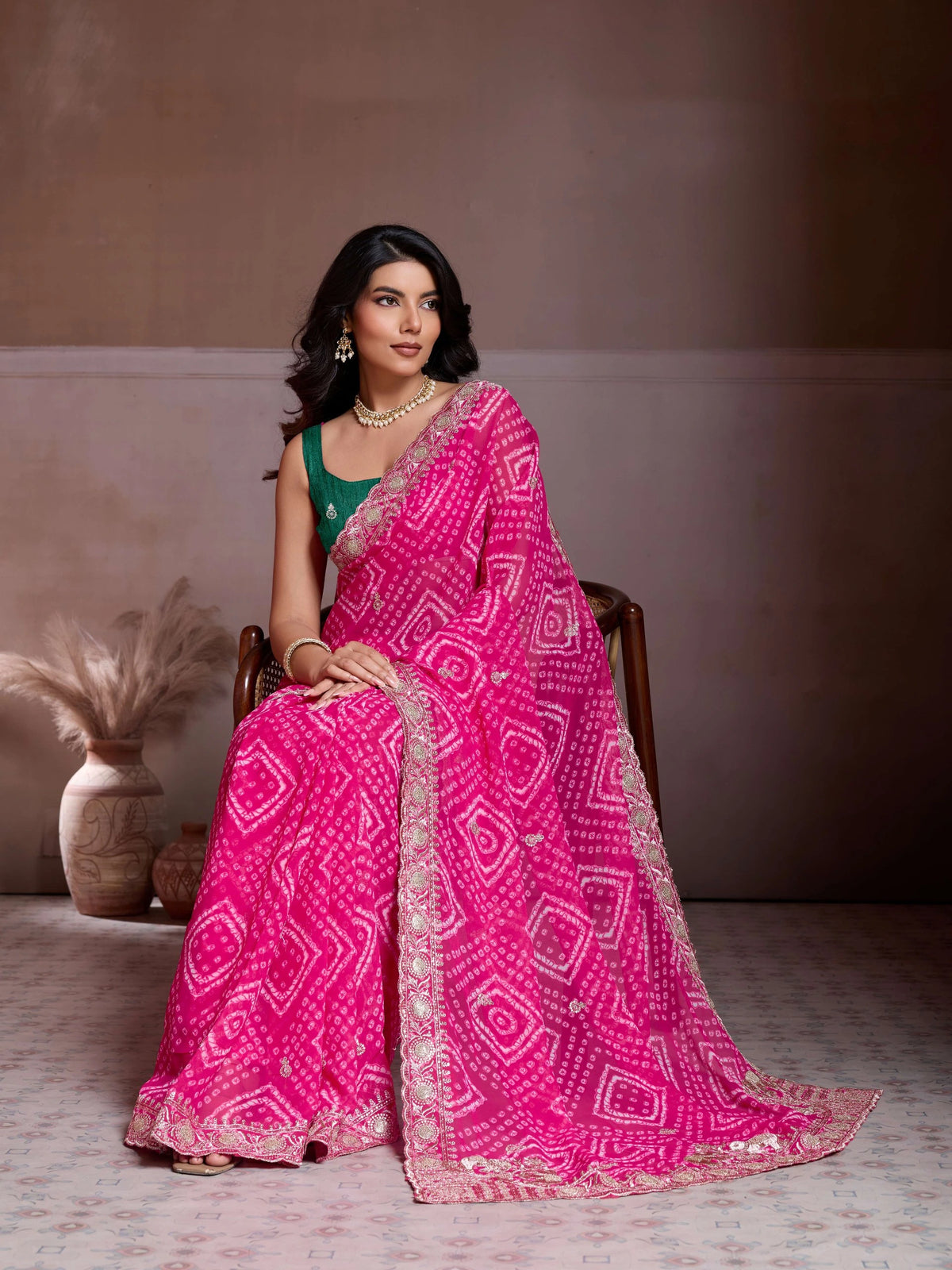 dark pink bandhej print georgette saree