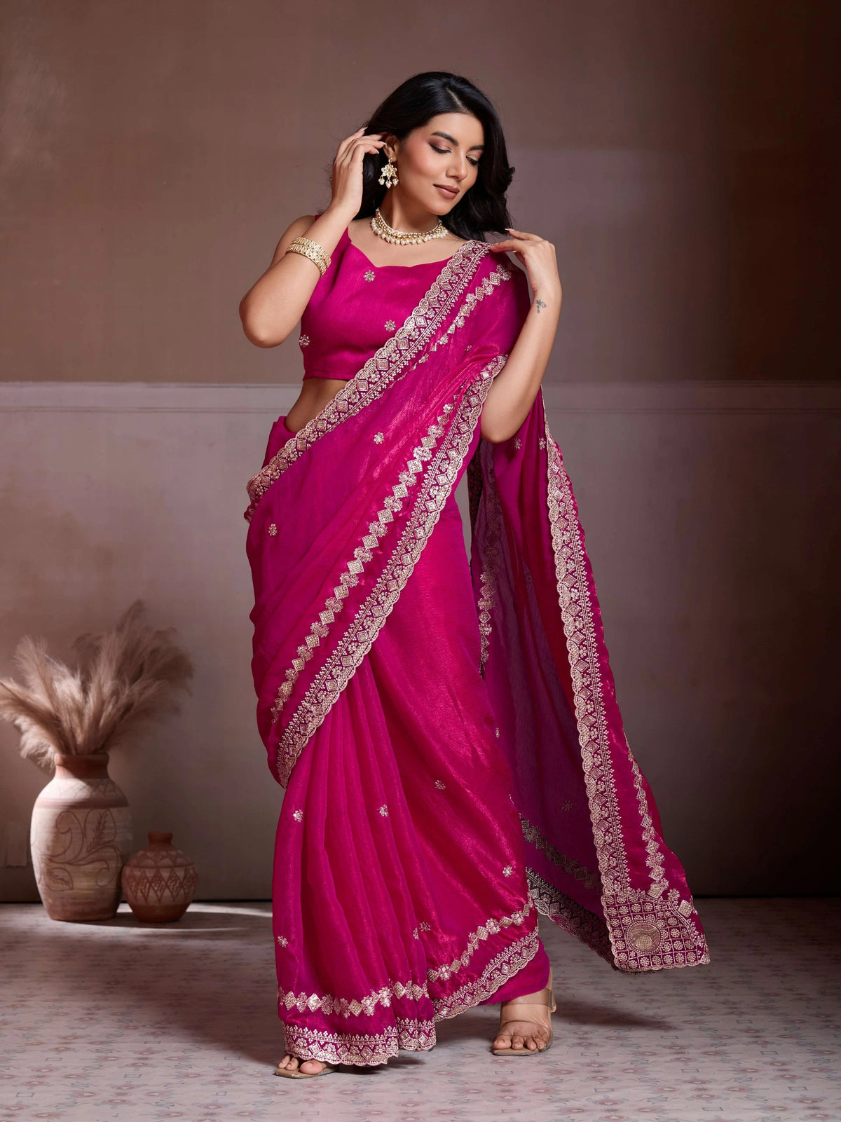 dark pink embroidered fendy chiffon saree