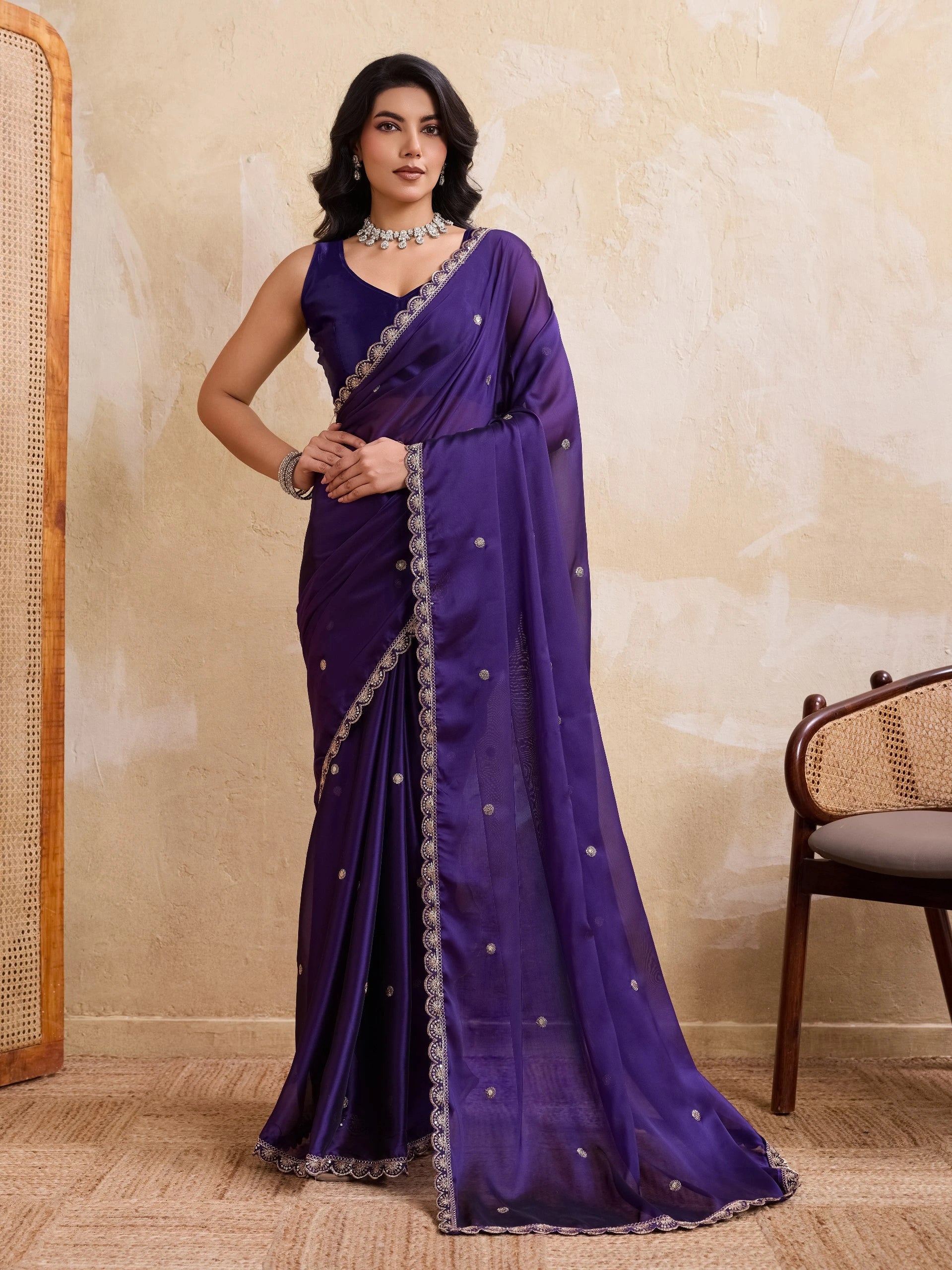 soft purple embroidered rangoli silk saree