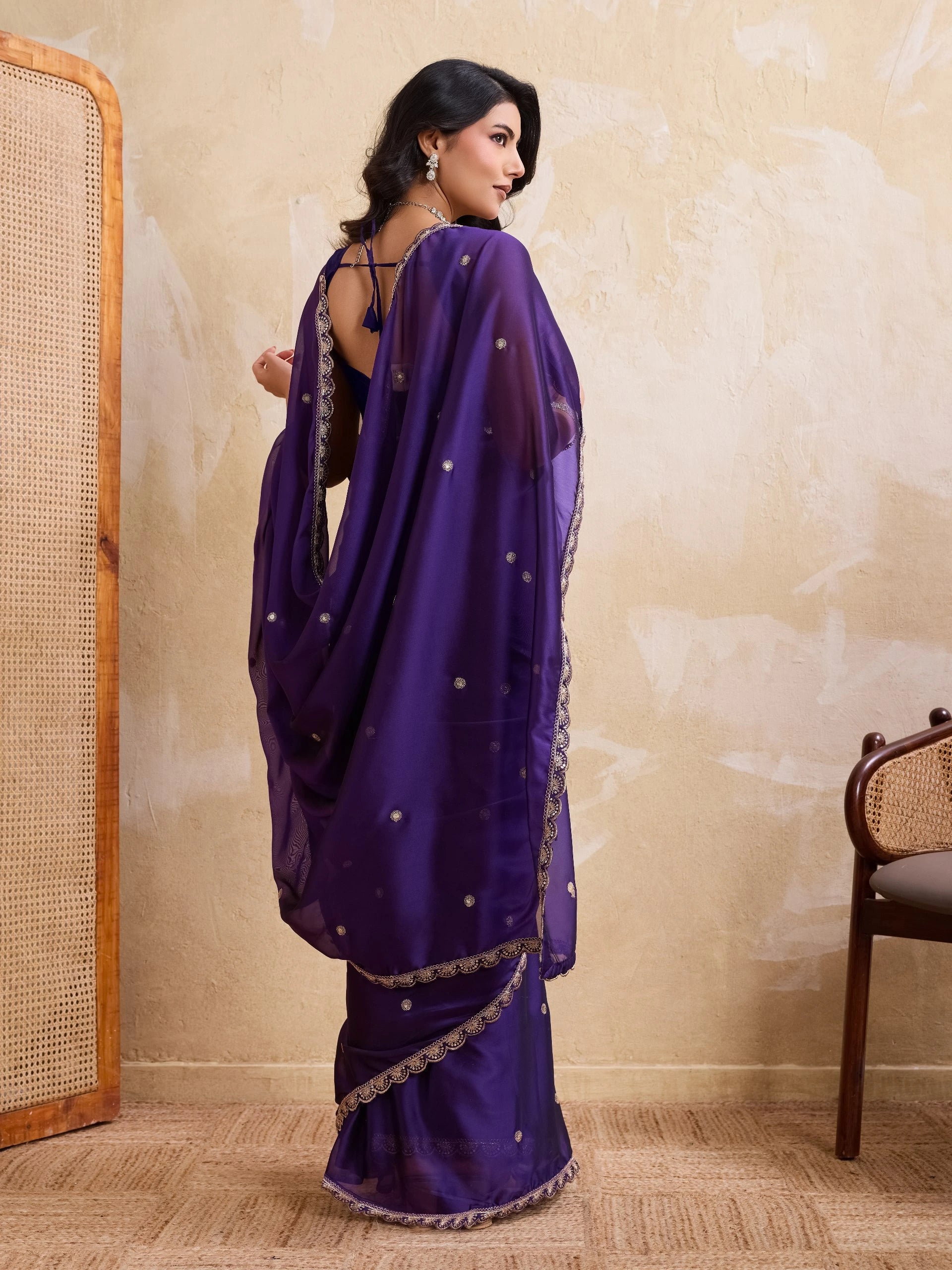 soft purple embroidered rangoli silk saree