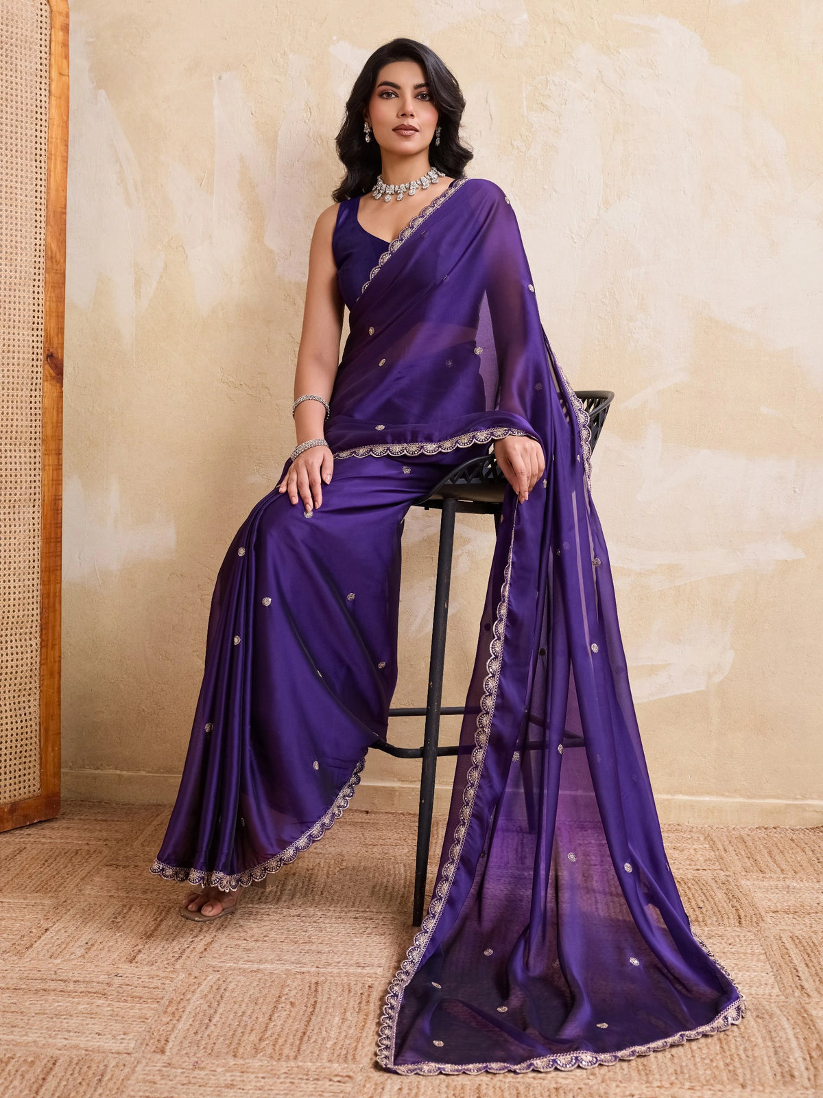soft purple embroidered rangoli silk saree
