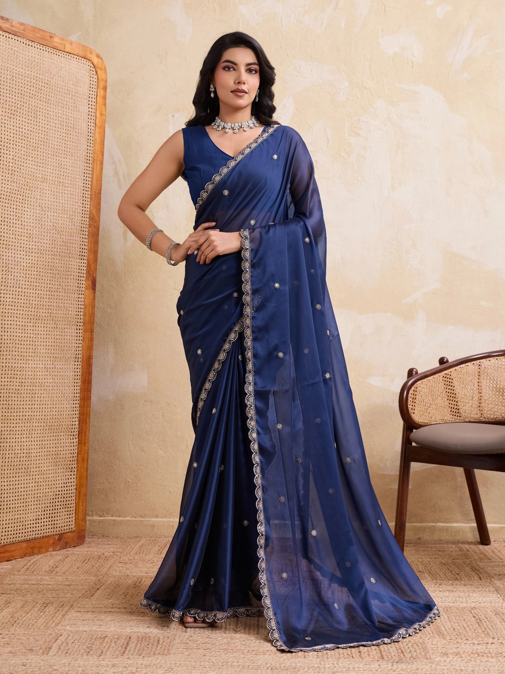 Navy Blue Embroidered Rangoli Silk Saree