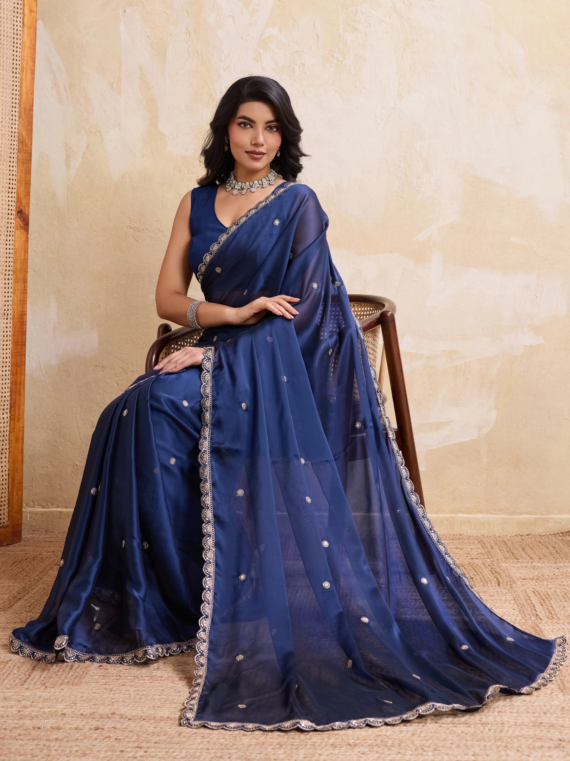 navy blue embroidered rangoli silk saree