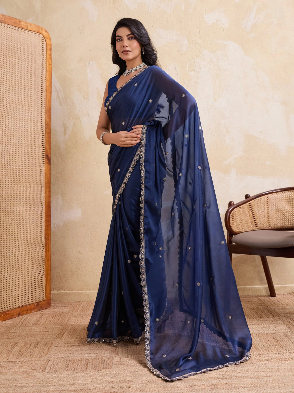 Navy Blue Embroidered Rangoli Silk Saree