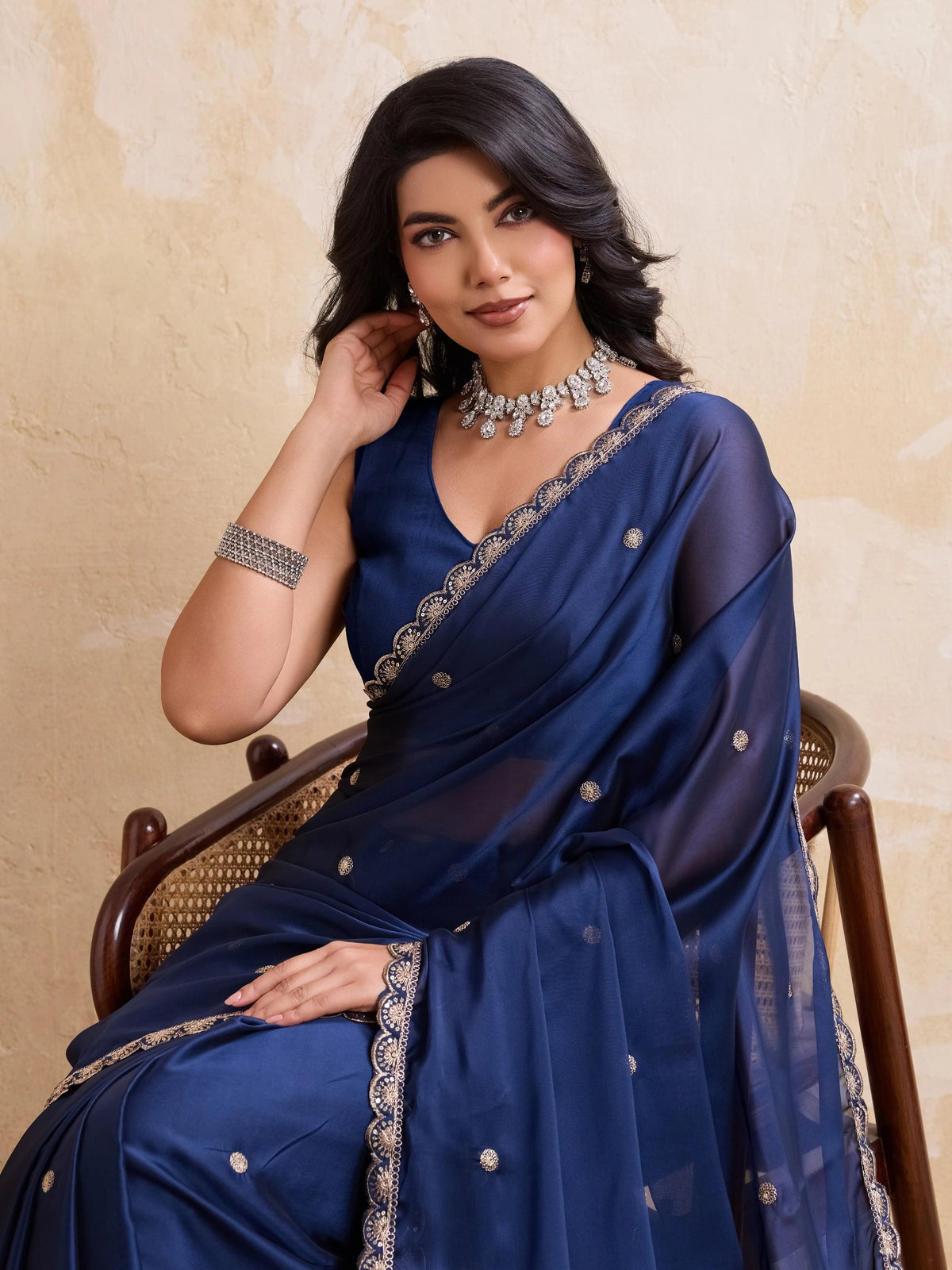 navy blue embroidered rangoli silk saree