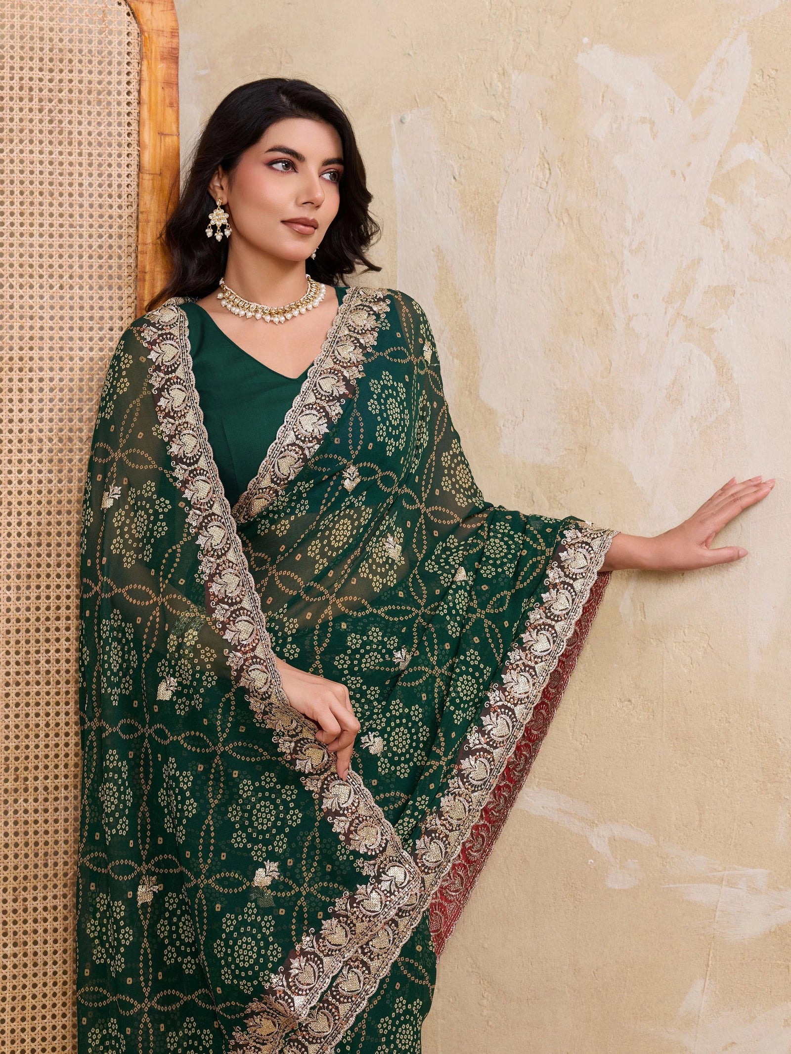 Dark Green Georgette Bandhej Print Saree