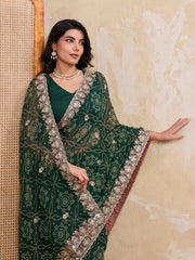 Dark Green Georgette Bandhej Print Saree