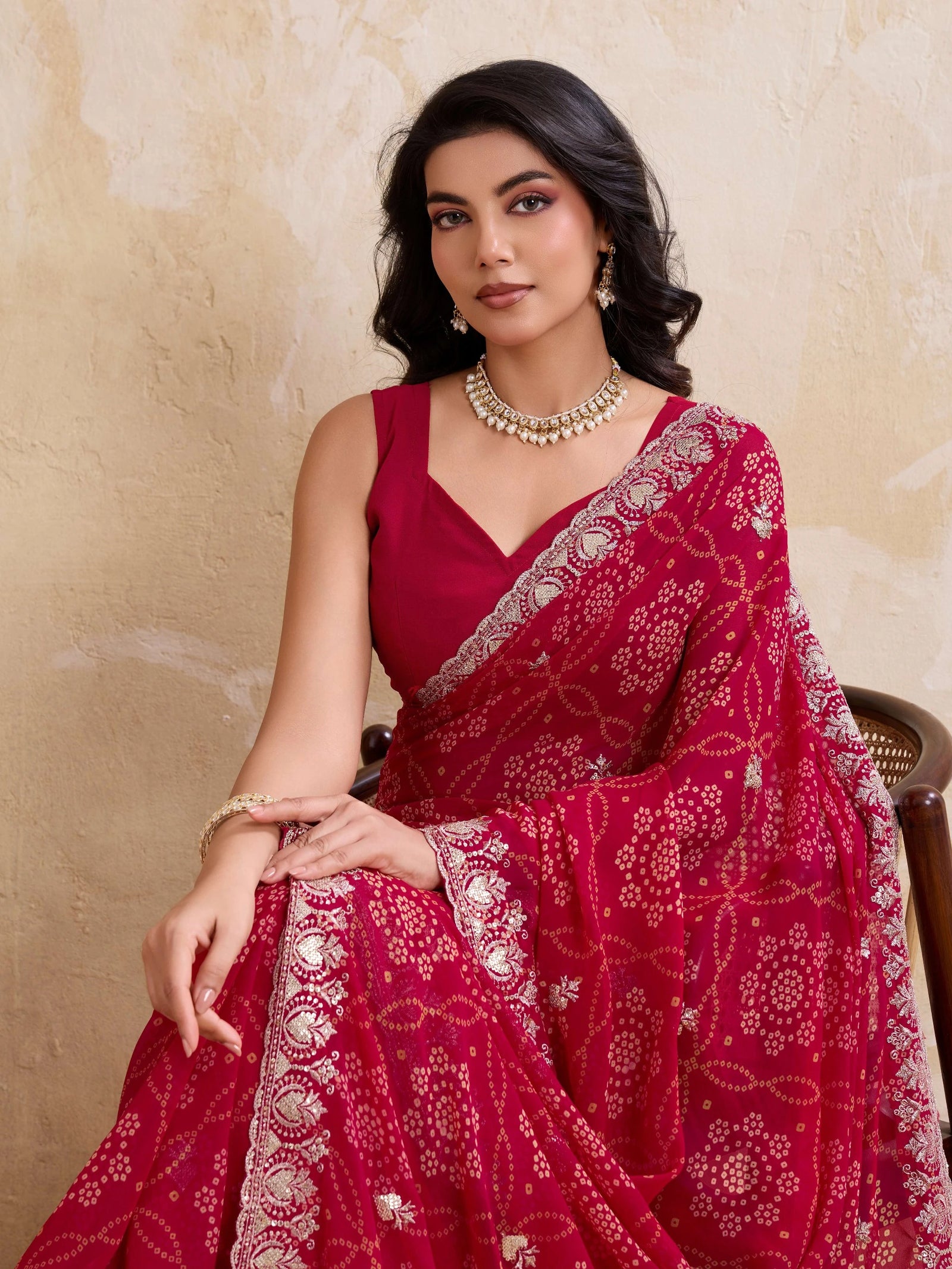 Dark Pink Georgette Bandhej Print Saree