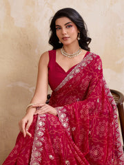 Dark Pink Georgette Bandhej Print Saree
