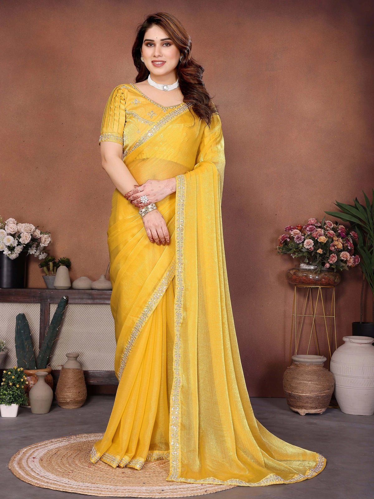 Yellow Embroidered Fendy Chiffon Saree