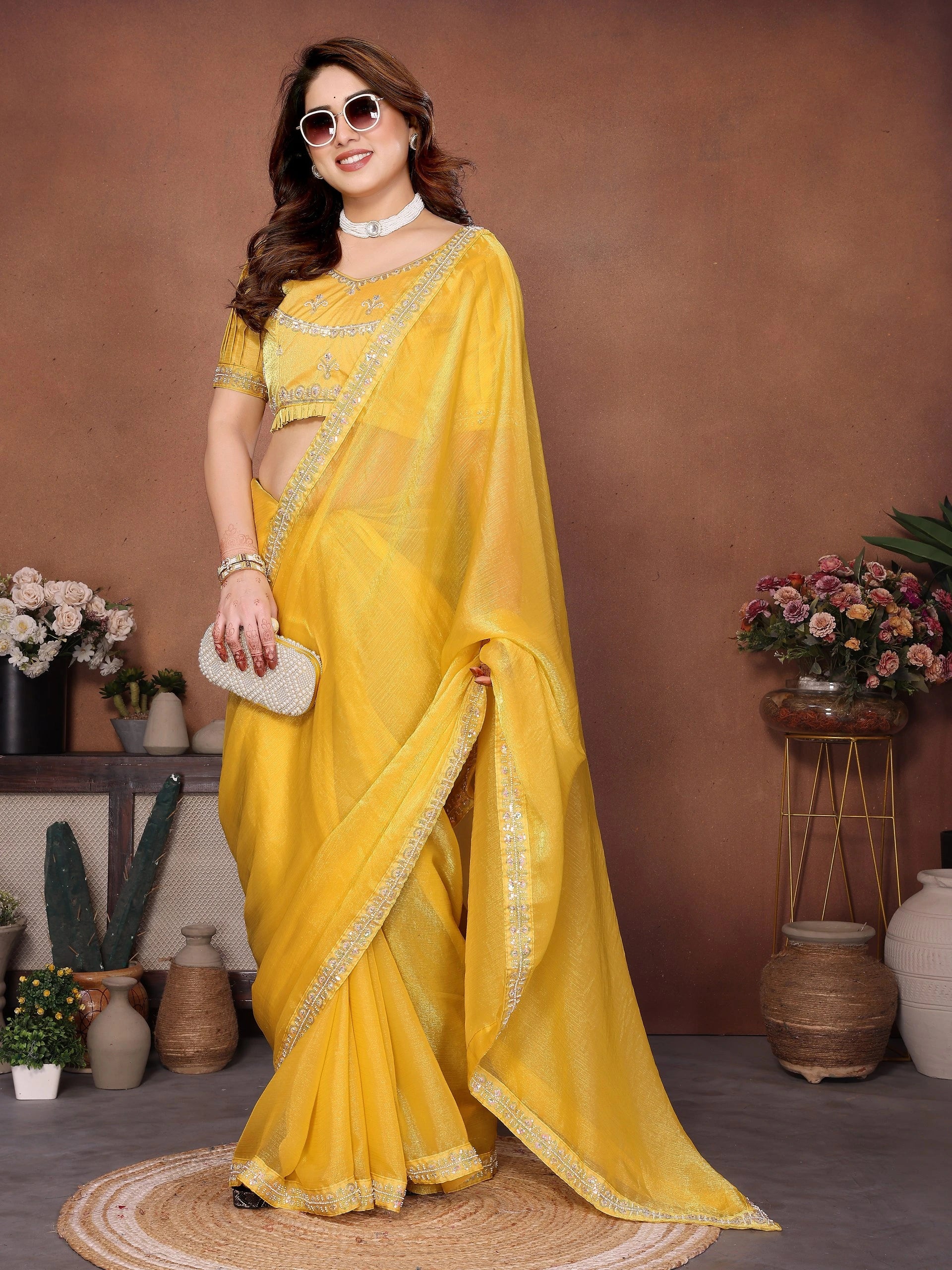 Yellow Embroidered Fendy Chiffon Saree