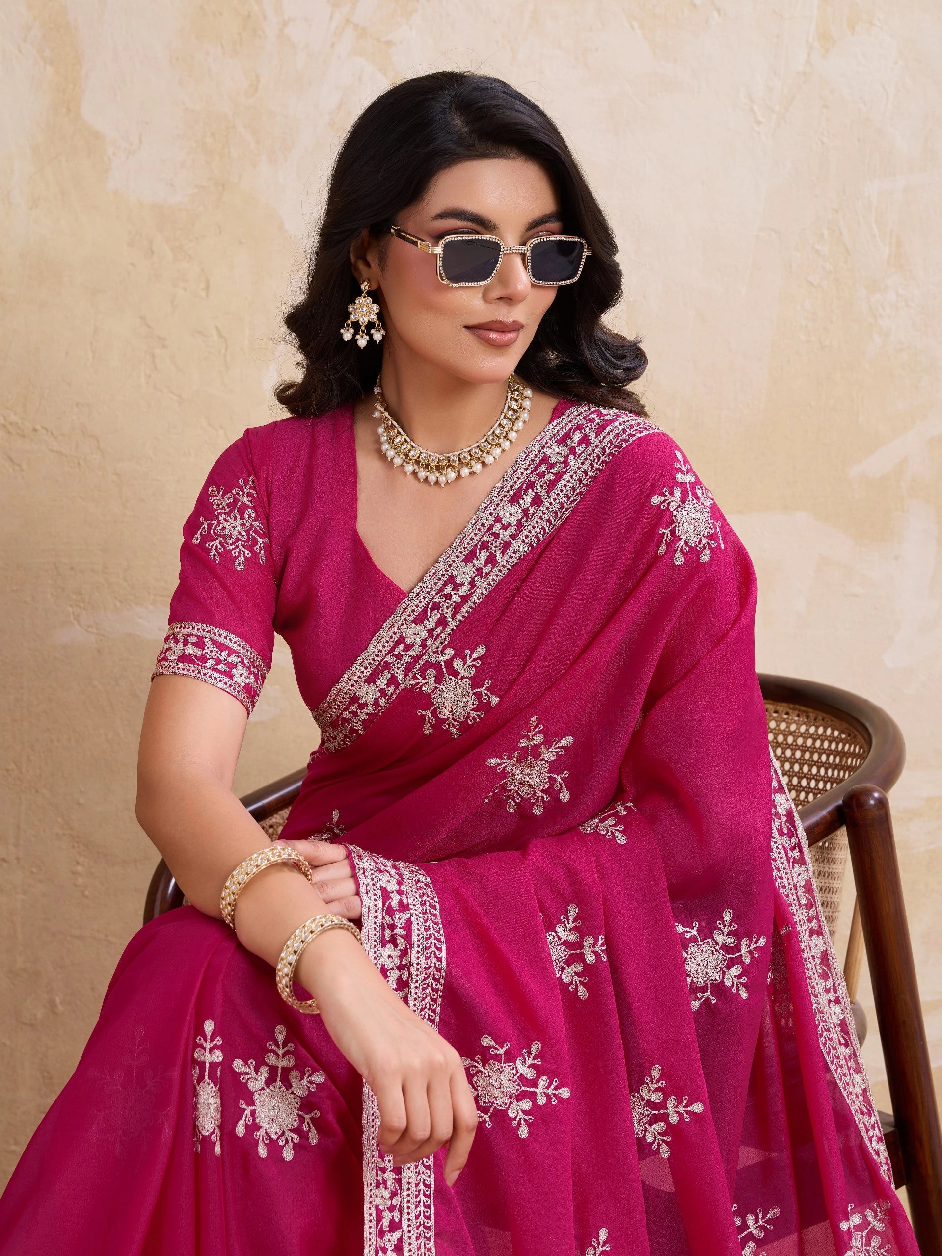Dark Pink Chainstitch Embroidered Star Georgette Saree