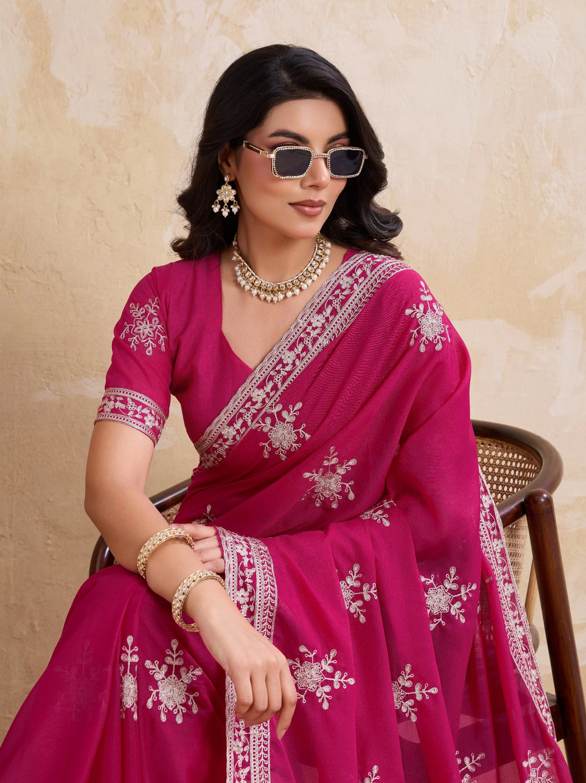 Dark Pink Chainstitch Embroidered Star Georgette Saree