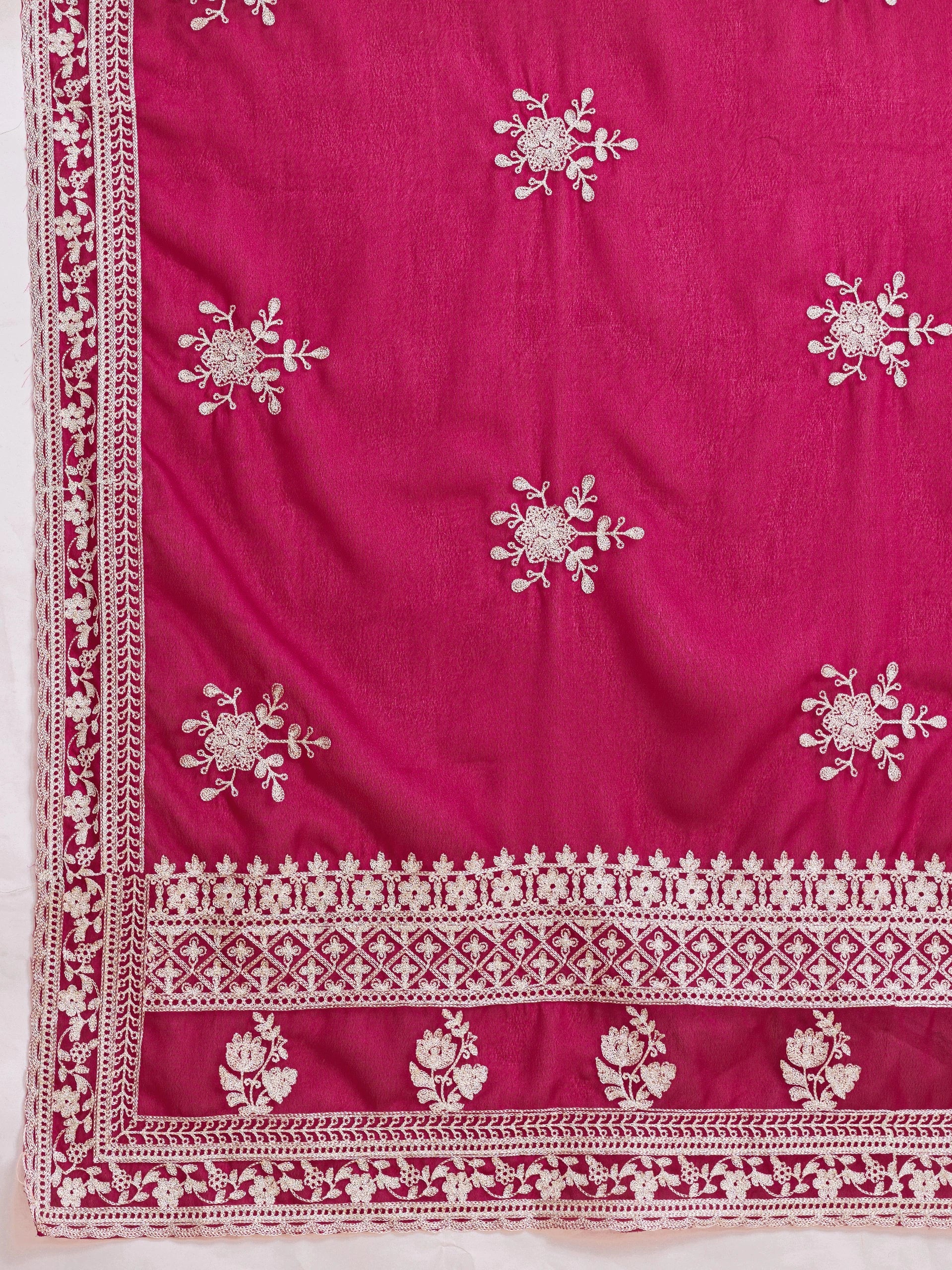 dark pink chainstitch embroidered star georgette saree