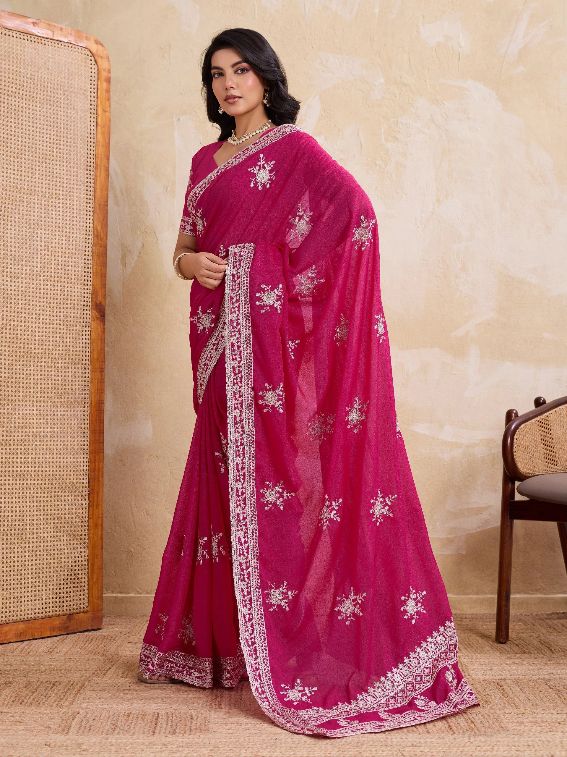 Dark Pink Chainstitch Embroidered Star Georgette Saree