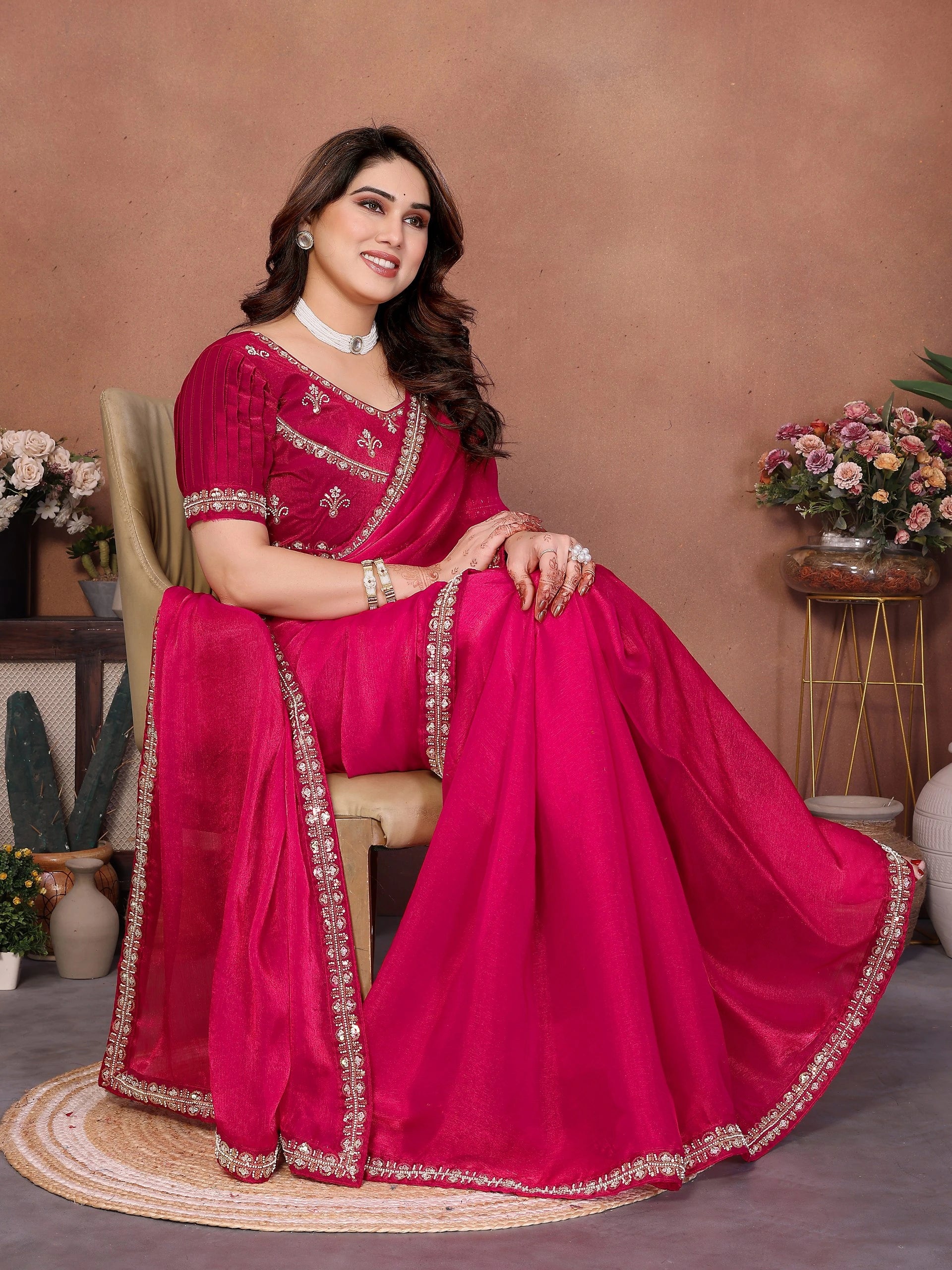 Dark Pink Fendy Chiffon Embroidered Saree
