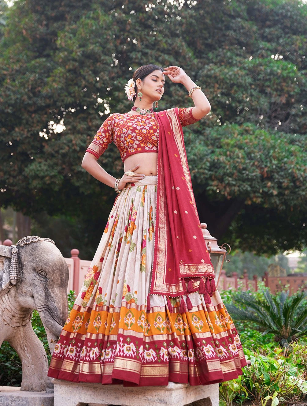 red foil printed tussar silk lehenga