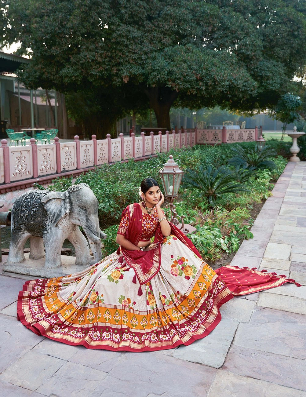Red Foil Printed Tussar Silk Lehenga