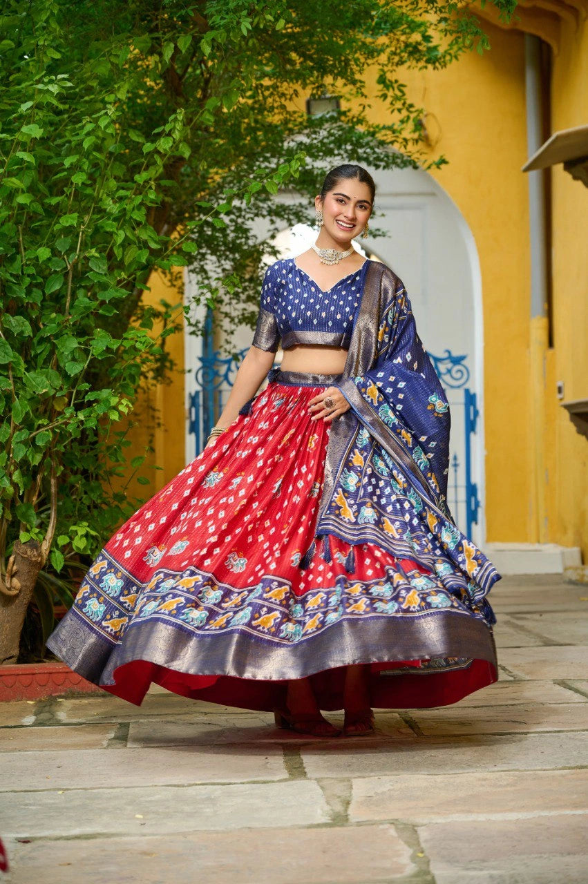 Red Jacquard With Zari Lining Printed Heavy Lichi Lehenga