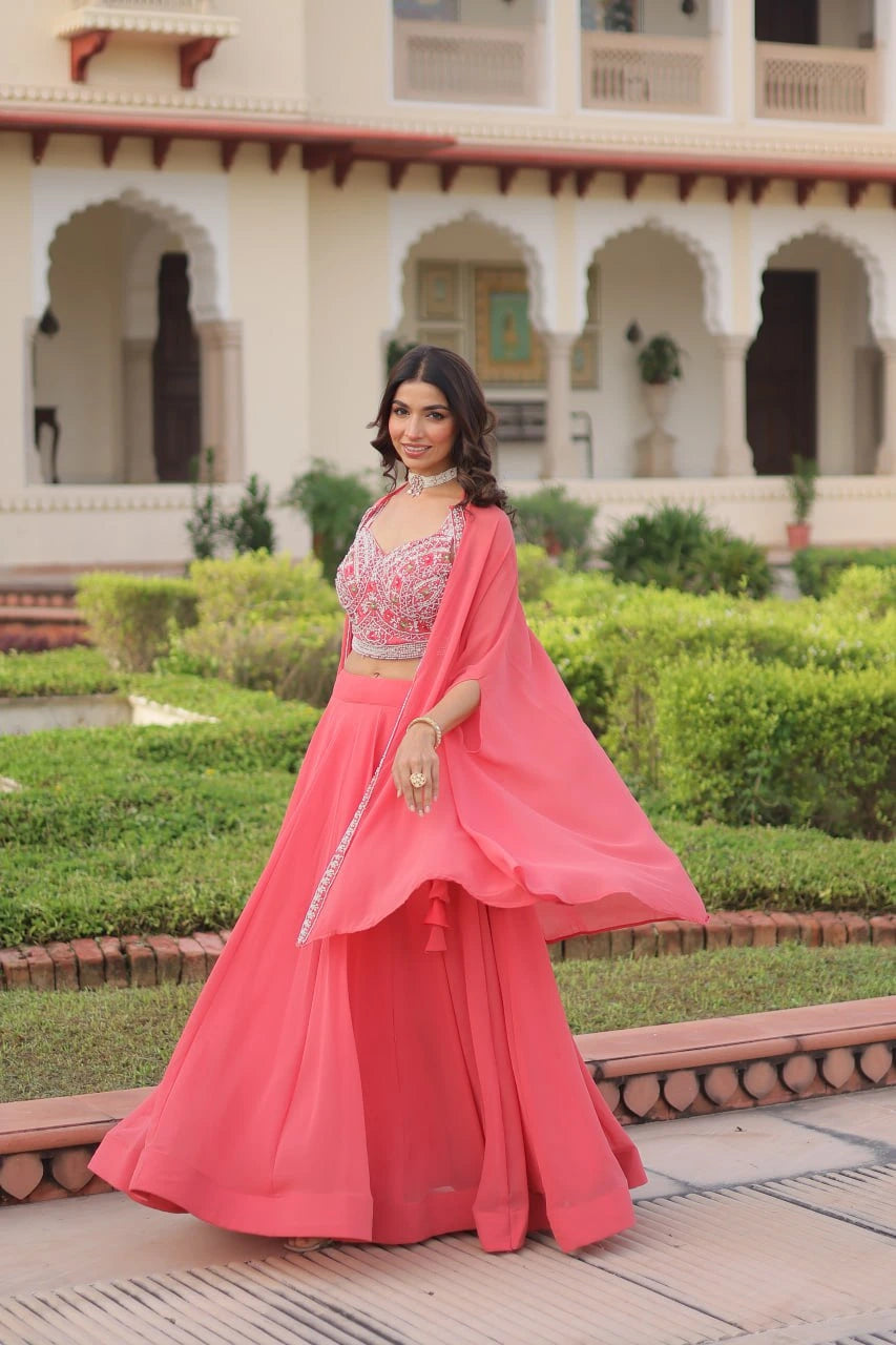 pink embroidered faux georgette lehenga