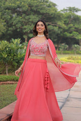 Pink Embroidered Faux Georgette Lehenga
