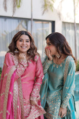 Two women in traditional pink and blue embroidered dresses standing outdoors.